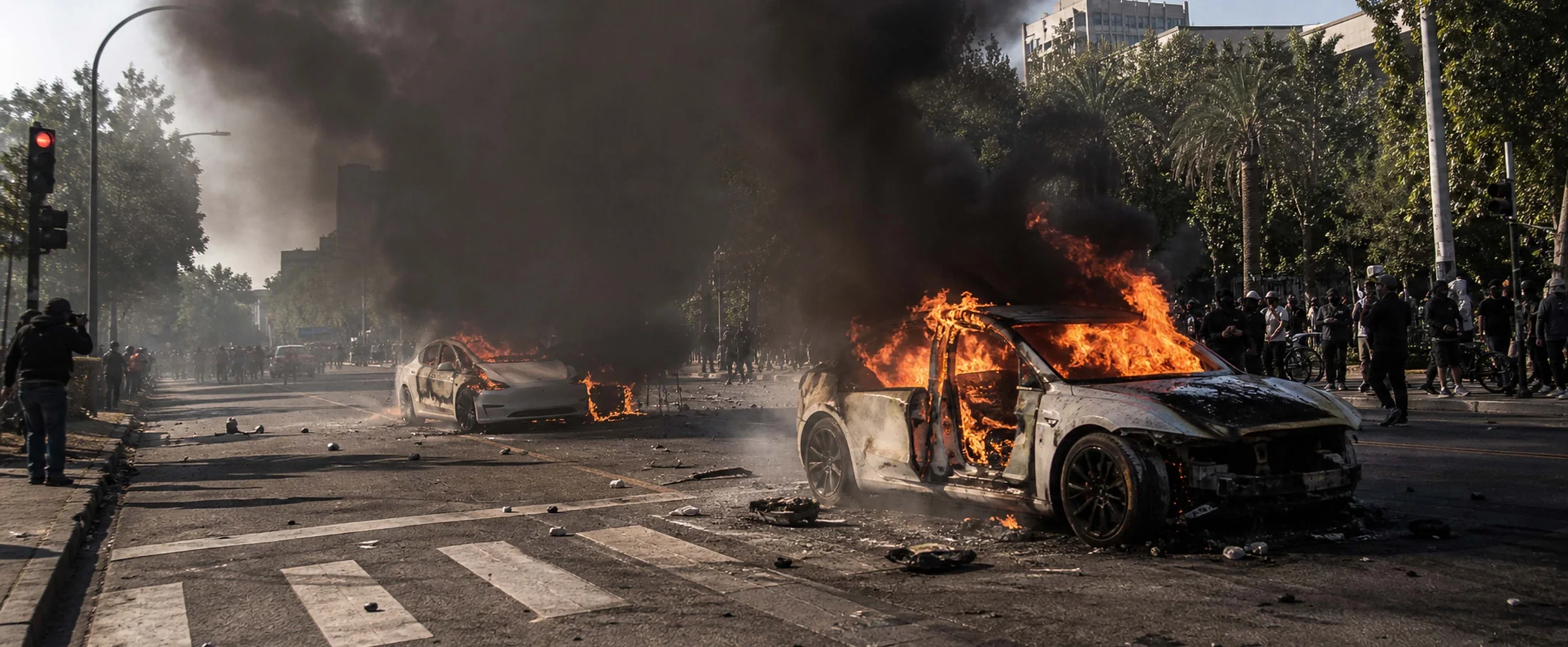 Smoke rising over a crowded street, from The Price of Tomorrow mood reel.